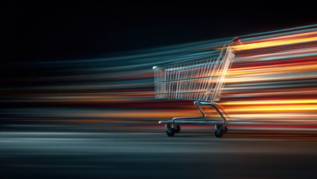 A shopping cart is shown with a dynamic motion blur effect. The image uses a dark background to highlight the cart's form. It features streaks of light, suggesting movement and speed. The composition utilizes vibrant colors to draw the viewer's attention. Suitable for illustrating e-commerce, shopping or retail themes.の素材