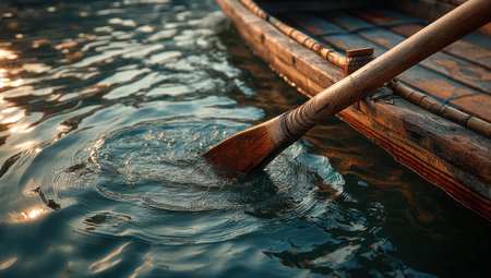 An image captures the wooden rowboat and its paddle carving a path through water. The composition highlights the water's surface, reflecting light. The scene's warm tones suggest daylight. Suitable for commercial and editorial applications, emphasizing themes of leisure and travel, and evoking a sense of tranquility.の素材