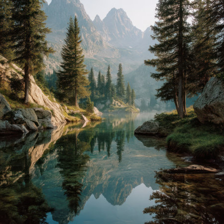 This image showcases a tranquil mountain lake scene. The water reflects the surrounding trees and majestic peaks. The artwork displays natural colors, with a focus on depth and perspective. This image could be suitable for various commercial purposes, including travel or environmental themes.の素材