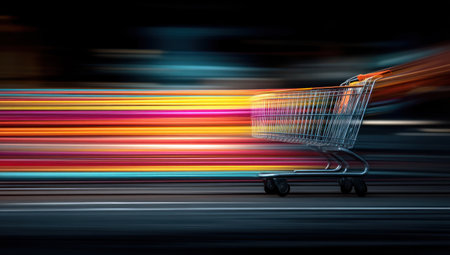 A shopping cart is depicted in motion against a backdrop of colorful streaks, suggesting speed. The image uses a long exposure technique, creating motion blur with vibrant bands of light. The composition features a dark environment, possibly outdoors at night. This visual is suitable for commercial and advertising projects.の素材