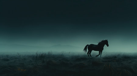 A dark silhouette of a horse is seen running in a field at dusk. The horse is the central element against a background of misty fog, illuminated by a dim overhead light. This image could be used for various purposes such as editorial, advertising, or as background imagery.の素材