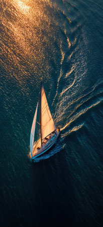 An overhead view captures a sailboat navigating the water, showcasing its sails and hull. The image features a blend of blue and gold colors, with dynamic textures of water movement. Sunlight creates a gradient effect. This scene is suitable for various commercial uses, including travel and leisure themes.の素材
