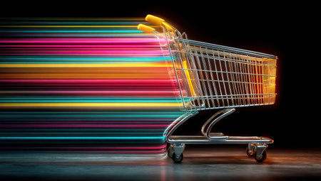 A shopping cart is depicted with dynamic speed trails in a spectrum of colors against a black backdrop. The image features a bright, clean style with a focus on motion and energy. This visual may be suitable for advertising, marketing materials, or content related to online shopping or sales.の素材