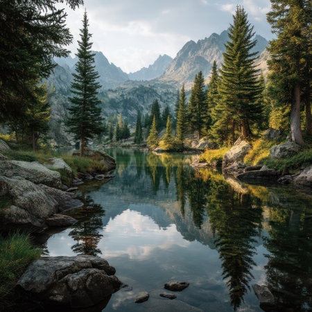 A serene mountain lake reflects the surrounding trees and sky. The image features a vibrant color palette, with green trees, blue water, and rocky textures. The composition creates a sense of depth and tranquility. Suitable for editorial and commercial applications requiring natural imagery.の素材