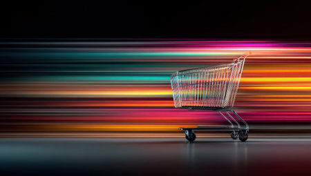 A shopping cart is depicted against a backdrop of colorful motion blur. The image utilizes long exposure to create streaks of light, suggesting movement and velocity. The overall composition suggests concepts of speed, efficiency, and online shopping. Suitable for commercial projects or advertising.の素材