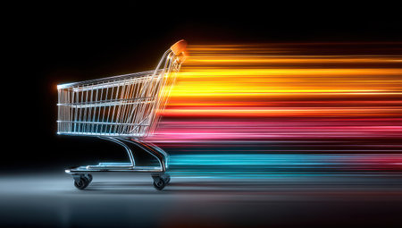 A shopping cart is shown against a dark backdrop with dynamic speed lines emanating from it. The visual includes streaks of yellow, orange, and pink colors. The image suggests rapid movement and is suitable for illustrating ideas related to commerce, online shopping, and efficient transactions, suitable for commercial projects.の素材