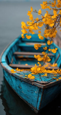A weathered blue boat floats gently on calm water, contrasted by vibrant yellow autumn leaves. The composition highlights a sense of tranquility and natural beauty. The image employs soft lighting and shallow depth of field. Suitable for various creative projects, including editorial use and commercial designs.の素材