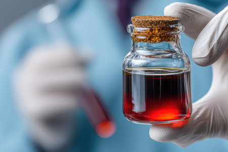 A gloved hand holds a small glass vial filled with a dark red liquid. The vial has a cork stopper. The image showcases a close-up composition, likely within a laboratory setting, with focus on the object and hand. Suitable for scientific research or medical concepts, the image implies experimentation and analysis.の素材