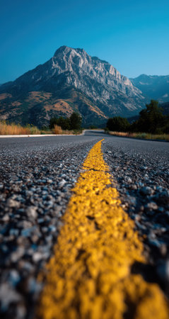 An asphalt road stretches towards a large mountain under a vibrant blue sky. The composition features a yellow line dividing the road. The image displays a natural outdoor environment, showcasing the textures of the road and mountain. Suitable for various editorial and commercial projects.の素材