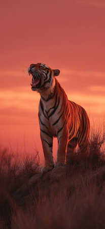 A majestic tiger is depicted roaring in a dramatic pose. The animal's orange and black stripes stand out against a warm, red and orange sunset backdrop. The composition suggests a natural environment, possibly a savanna or grassland, bathed in soft, diffused light. This image could be used for various commercial or editorial purposes.の素材