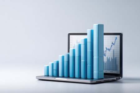 A close-up captures a laptop with a blue bar graph symbolizing growth. The graph is placed in front of the screen displaying financial data. The composition features clean lines and a simple style against a neutral background, suitable for commercial presentations and data visualizations.の素材