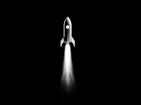 A vector illustration depicts a rocket ship blasting off against a stark black background. The image features a grayscale palette with strong contrasts. Bright light emanates from the rocket's engines. This graphic could be useful for projects related to space, technology, or innovation.の素材