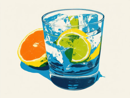 A vibrant illustration showcases a glass filled with ice and a citrus fruit cocktail, featuring slices of lemon and orange. The artwork employs bright colors, a flat design, and hard lighting. This composition could be used for advertising beverages or enhancing editorial content about healthy lifestyles.の素材