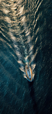 A sailboat navigates open water, viewed from above. The image showcases a boat cutting through dark blue water, leaving a frothy wake. Sunlight reflects on the water's surface, creating a dynamic texture. This photograph is appropriate for illustrating travel, adventure, and water sports, as well as editorial and commercial applications.の素材