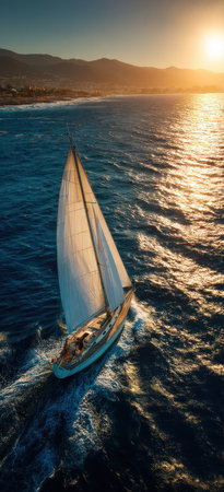 A sailboat navigates through the ocean during sunset. The image displays a vibrant combination of colors, from the golden sunlight to the deep blue of the water. This scene suggests an open water environment and could be used for various purposes such as travel and tourism content.の素材