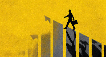 An illustration depicts a person walking on a graph. The image features a contrasting color palette with a yellow background. The composition uses shadows and a minimalist style. Suitable for representing concepts like progress, business, and achievement, it may be used for various commercial or educational purposes.の素材