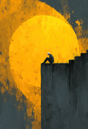 An illustration depicts a person sitting on a ledge with a large, yellow sun in the background. The artwork features a silhouette of the figure against a textured, dark sky. The composition emphasizes isolation, with potential uses in artistic projects or concepts. It conveys a feeling of solitude and contemplation.の素材