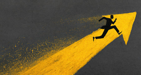A silhouette of a man running forward is depicted atop a bright yellow arrow, set against a dark, textured background. The image uses contrasting colors and simple lines to convey forward motion and growth. Suitable for concepts of progress, achievement, and business success, this visual could be used in various commercial applications.の素材