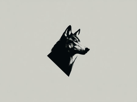 A striking graphic depicts a wolf's head in profile, rendered in bold black against a pale gray backdrop. The image showcases sharp lines and a minimalist aesthetic. This design is suitable for various applications, including print and digital projects. It may serve purposes in branding and visual communication.の素材