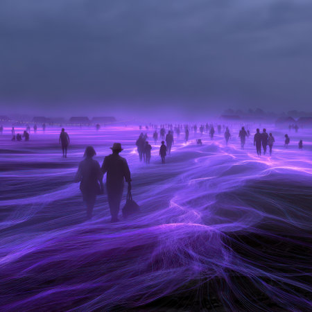 An image depicts numerous silhouetted figures traversing a landscape dominated by swirling, luminous purple energy. The composition features a dark, overcast sky contrasting with the vibrant energy below. This digital artwork presents a surreal and mysterious atmosphere, suitable for various editorial and conceptual projects.の素材