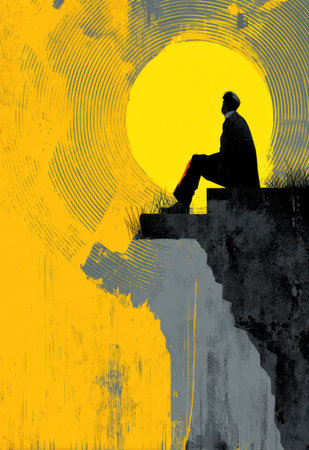 An illustration depicts a solitary figure silhouetted against a vibrant yellow sun. The artwork features a person sitting on steps, with a stylized aesthetic, likely created using digital tools. The color palette incorporates yellow, black, and gray tones. This image is potentially suitable for commercial and editorial purposes.の素材