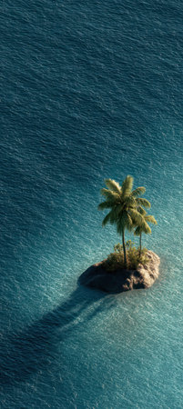 An aerial view presents a small island flourishing with palm trees within a large body of water. The scene showcases a serene atmosphere with shades of blue. The composition suggests a sense of isolation. Suitable for a range of creative projects, including editorial features.の素材
