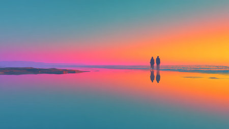 Two figures stand silhouetted against a brilliant sunset. The sky transitions through bands of turquoise, pink, and orange. The calm water reflects the colorful display, creating a symmetrical composition. This image could be used for various purposes, including travel, lifestyle, or artistic designs.の素材