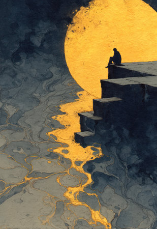 An individual sits silhouetted, contemplating a large, golden sun against a dark, textured backdrop. A golden river flows from the structure. The illustration uses dark and gold hues, with an emphasis on texture and contrast. Suitable for editorial illustrations and creative concepts.の素材