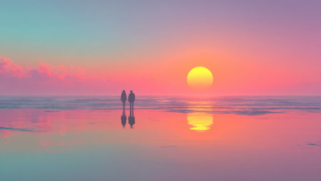 Two individuals are depicted walking towards a setting sun, reflected on a smooth water surface. The scene presents a gradient of pastel colors, predominantly pink and blue, creating a tranquil environment. The composition utilizes symmetry and soft lighting. Suitable for various applications, including illustrative and editorial purposes.の素材