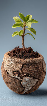 A small plant sprouts from a unique pot depicting continents. The composition is simple, showcasing the plant's green leaves against a light background. Earthy browns and greens are dominant, while soft lighting creates depth. This image is suitable for environmental, conservation, or sustainable development themes.の素材