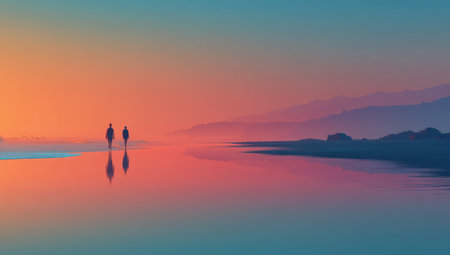 Two silhouetted figures appear to be walking on a reflective surface, likely water, against a stunning sunset. The composition features a gradient of colors from orange to blue. The smooth texture of the water mirrors the sky above. This image could be used for various commercial or editorial applications.の素材