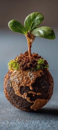 A small plant is seen emerging from a spherical object, possibly soil. The image showcases textures of brown, green and natural tones. It is a studio shot under controlled lighting, with a shallow depth of field. The image may be used in commercial and editorial projects focused on nature.の素材