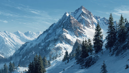 A majestic mountain range dominates the composition, its peaks and slopes blanketed in snow. The image displays a clear blue sky and evergreen trees in the foreground. This visual is suitable for depicting natural beauty, environmental themes, or travel and tourism related to alpine regions. Suitable for various commercial and editorial applications.の素材