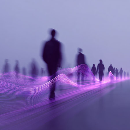 This image features silhouetted figures walking across a visually dynamic composition. The scene showcases purple tones with bright, linear light effects that enhance depth. The figures are positioned along a flowing trail. Suitable for concepts of progress, networking, or illustrating various themes, this imagery is adaptable for commercial and editorial use.の素材