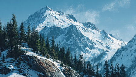 A majestic snow-covered mountain peak dominates the composition, with evergreen trees forming the foreground. The scene is illuminated by soft sunlight and features a clear blue sky. This landscape photograph could be used for various commercial projects and editorial content, including travel or environmental themes.の素材