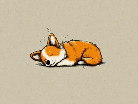 A cartoon illustration showcases a corgi dog in a relaxed sleeping pose. The image presents a warm color palette with orange and white fur against a neutral backdrop. The composition features a simple style with focus on the main subject, suitable for various design projects and commercial applications.の素材