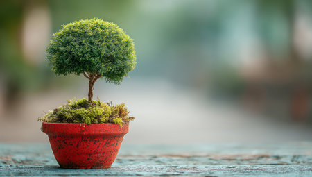 A miniature tree with green foliage sits in a red terracotta pot against a soft, blurred backdrop. The composition features shallow depth of field, emphasizing the tree's details and textures. The image conveys a sense of growth and natural beauty, lending itself to editorial or commercial applications. The lighting suggests an outdoor environment.の素材
