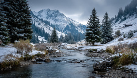 A tranquil winter scene depicts a flowing river winding through a valley surrounded by snow-dusted mountains and evergreen trees. The composition features cool tones with hints of blue, green, and white. This image evokes serenity and could be suitable for various commercial or artistic applications.の素材