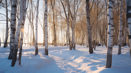 A winter scene showcases a forest of birch trees covered in snow, illuminated by sunlight. The image presents vertical compositions with textured bark contrasting against the white snow. The natural lighting creates shadows. Ideal for illustrating winter, nature, or environmental themes in various commercial applications.の素材