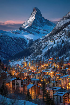 A majestic snow-covered mountain dominates the scene above a charming town. The image showcases a landscape with buildings illuminated by warm lights, set against a backdrop of mountains and a twilight sky. It could be used for travel, tourism, or environmental themes.の素材