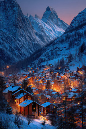 A quaint village sits nestled amidst towering snow-covered mountains, illuminated by warm lights. The scene features detailed textures and a cool color palette with various shades of blue and orange. This picturesque composition suggests a serene, isolated environment, potentially suitable for editorial content or commercial projects.の素材