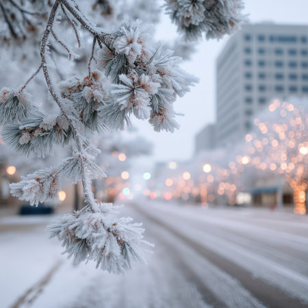 Branches laden with frost dominate the foreground, showcasing a close-up of icy textures. The blurred background reveals a city street and buildings, hinting at an urban winter landscape. Soft lighting and cool colors create a serene atmosphere. Suitable for use in editorial content or designs focused on seasonal themes.の素材