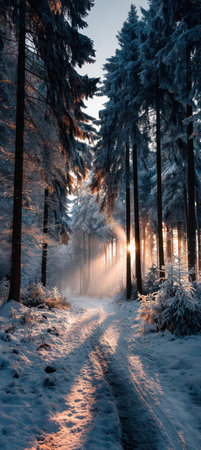A snow-covered path leads through a forest. Tall trees are blanketed in snow, and sunlight streams through the gaps creating a warm glow. The composition features vertical lines and a sense of depth, with a focus on natural light and texture, suitable for various uses.の素材