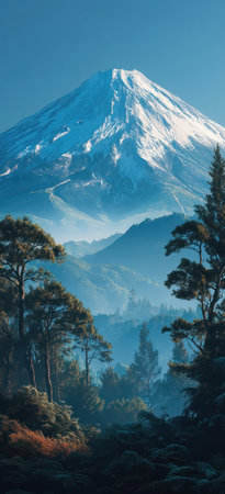 A majestic mountain, its peak covered in snow, dominates the scene. Lush trees frame the foreground, while layers of mountains recede into the distance. The sky is a clear blue, and the overall color palette is cool. This image is suitable for commercial use in various contexts.の素材