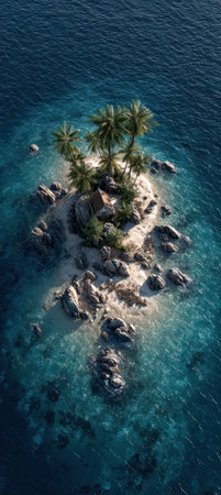 An overhead view reveals a small, rocky island densely populated with green palm trees. The island is embraced by vibrant, clear blue ocean, creating a contrast with the dark deep water. The composition highlights the natural beauty suitable for travel, vacation and relaxation themes.の素材