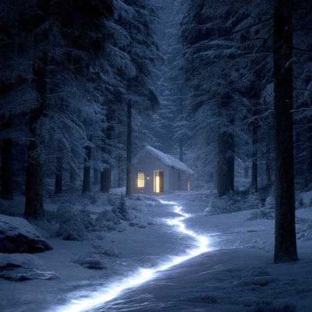 A small cabin glows invitingly amidst a snow-covered forest during winter. The scene features tall, dark trees framing a luminous, winding path leading to the cabin. The composition uses cool tones, emphasizing a sense of tranquility and isolation, suitable for various editorial and commercial projects.の素材