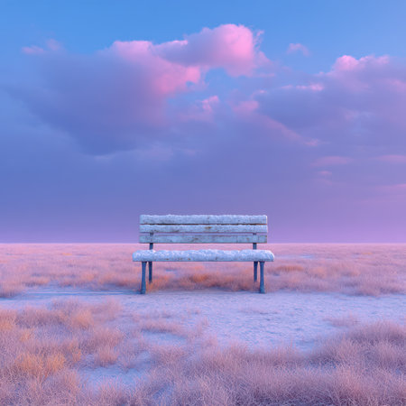 A wooden bench sits peacefully in a field covered in snow, illuminated by soft sunlight. The composition features a symmetrical arrangement, with a clear, open sky. The color palette incorporates shades of blue, pink, and white creating a serene and isolated atmosphere. This image is suitable for various commercial purposes.の素材
