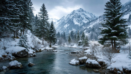 A tranquil winter landscape features a flowing river surrounded by snow-covered trees and majestic mountains. The scene displays a cool color palette with various shades of blue and white, and it presents a serene mood with detailed textures. Suitable for background visuals, commercial projects, and editorial illustrations.の素材