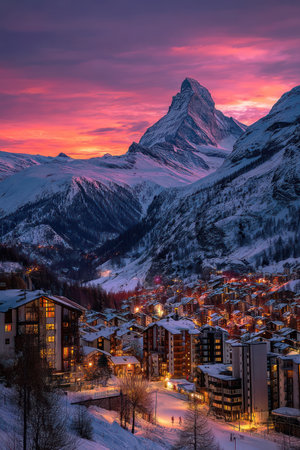An aerial view presents a snow-covered mountain with a village nestled at its base under a vibrant sunset. The sky transitions from orange to deep purple, casting a warm glow on the structures below. The composition highlights the natural beauty and the interplay of light and shadow, suitable for various editorial and promotional applications.の素材