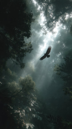 An eagle soars through a misty forest, its silhouette contrasting against the bright sunlight. The image showcases a dark, moody environment with tall trees and atmospheric perspective. This dramatic composition could be suitable for various commercial or editorial applications such as articles or advertising.の素材